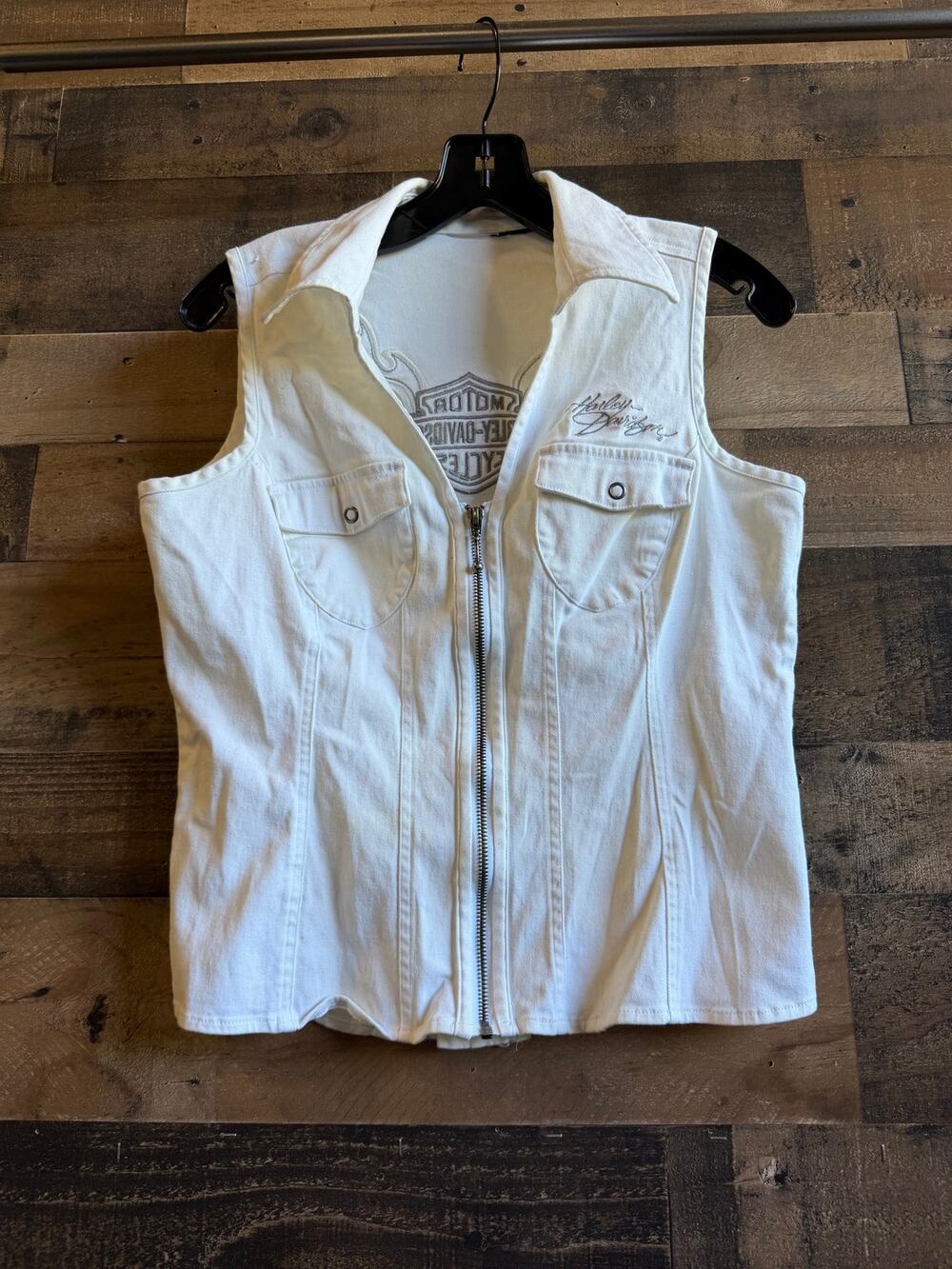 Harley Davidson White Denim Vest-Womens S -Zip Front Lace Up -Wings Logo -Biker